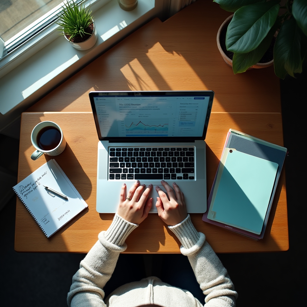 Overhead-Ansicht eines Schreibtischs mit Laptop, Notizen und Kalenderplanung einer Freiberuflerin