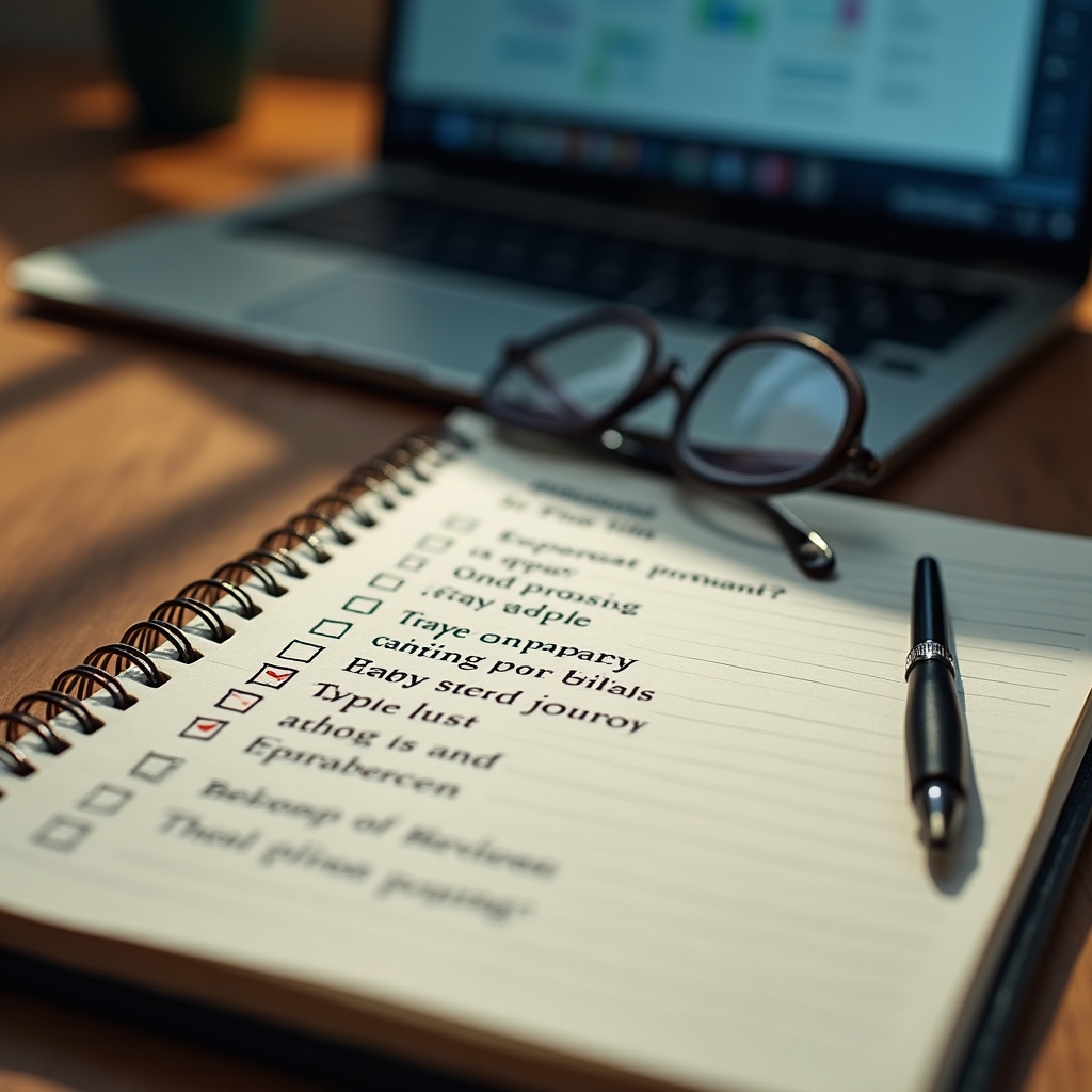 Nahaufnahme von handschriftlichen Prioritätenlisten neben einem geöffneten Laptop mit Projektplan